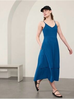 Athleta Elation V-Neck Hybrid Dress in the color Dark Lapis Blue M Pockets